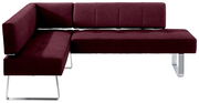 Moderne Eckbank in Bordeauxrot mit Metallbeinen, seitliche Perspektive