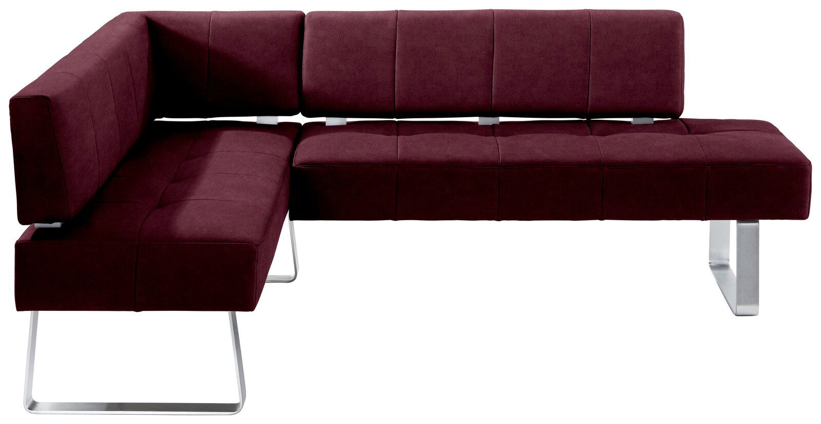 Moderne Eckbank in Bordeauxrot mit Metallbeinen, seitliche Perspektive