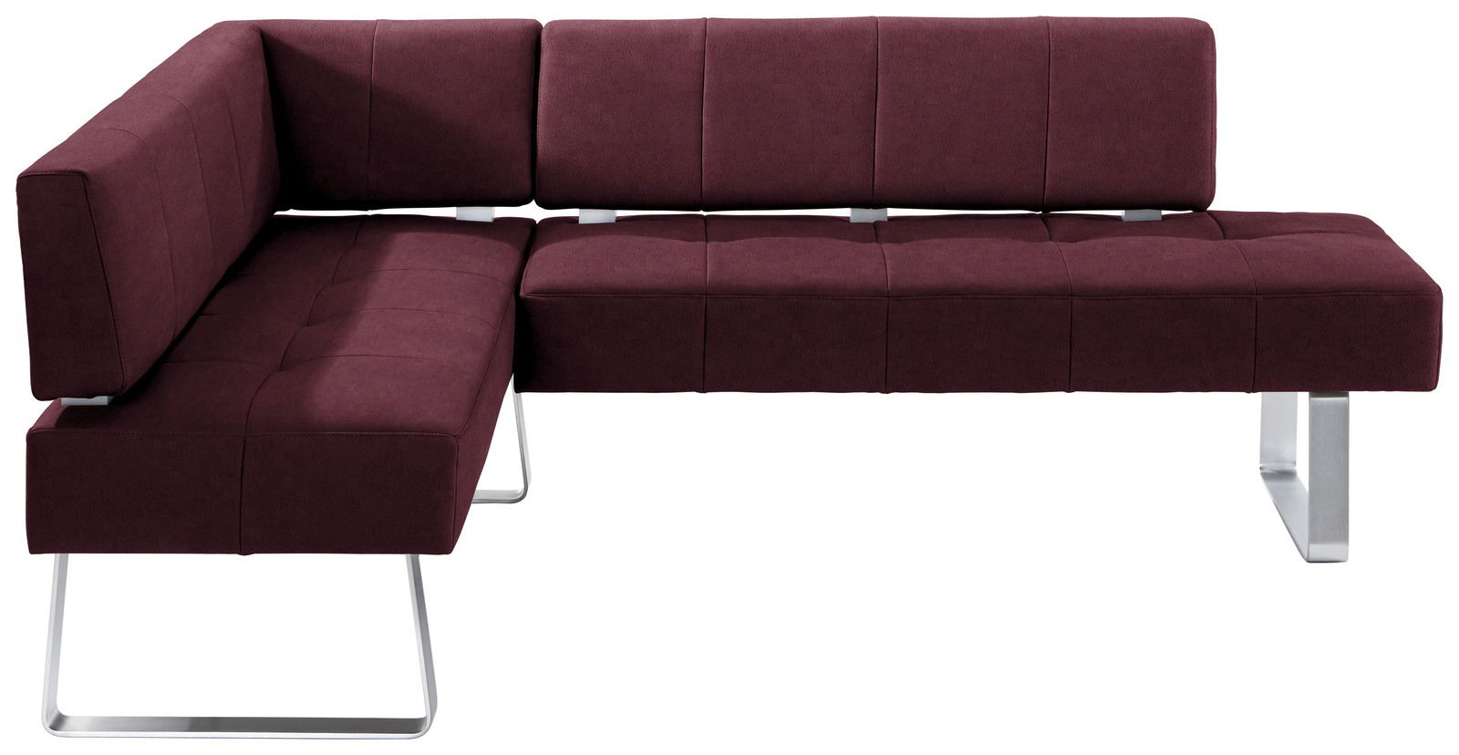 Moderne Eckbank in Bordeauxrot mit Metallbeinen, seitliche Perspektive