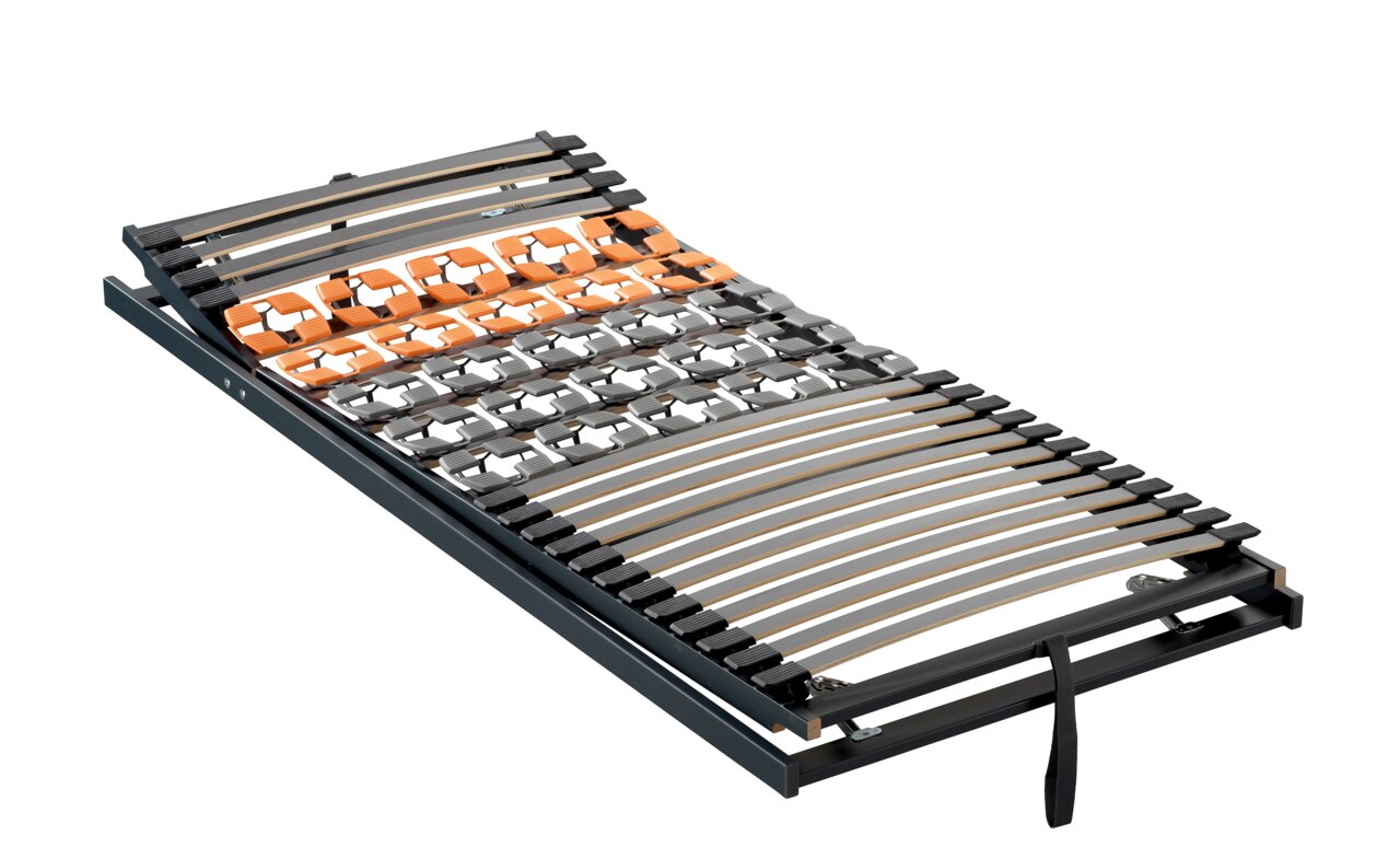 Het Multi KF-lattenbodemframe in zijaanzicht, met verstelbare latten en gekleurde veerelementen.