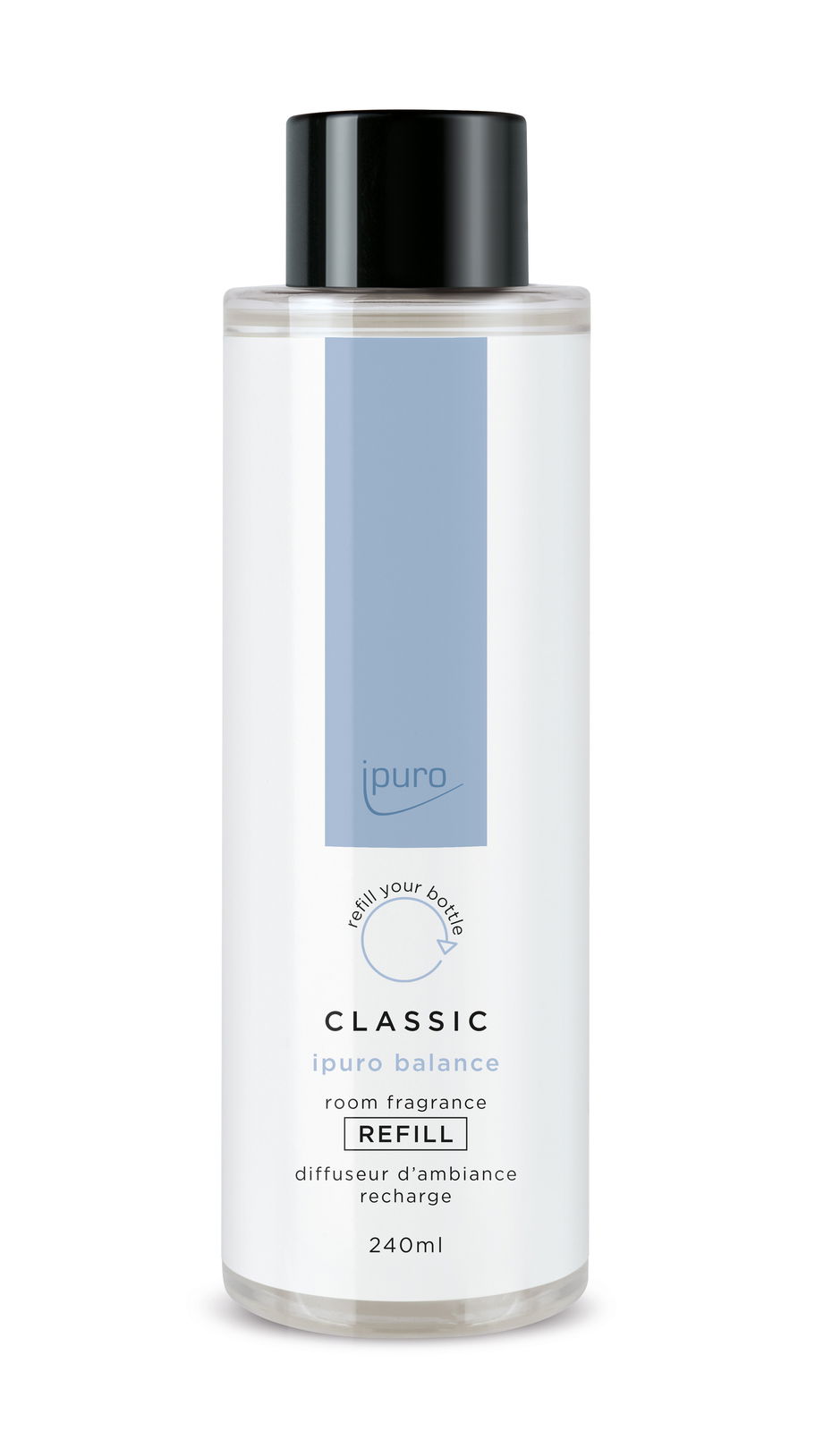 Flasche mit schwarzem Deckel, gefüllt mit 240ml ipuro Classic balance Raumduft-Nachfüllung, Frontalansicht