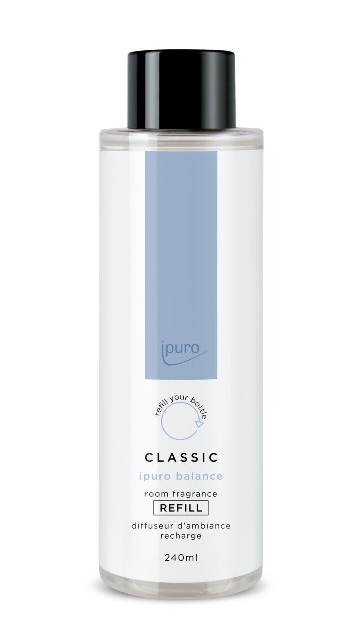Fles met zwarte dop, gevuld met 240 ml ipuro Classic balance navulling voor kamerparfum, vooraanzicht