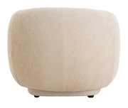 Rückansicht eines beigen, gepolsterten Stuhls mit abgerundeten Kanten.