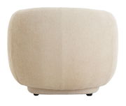 Rückansicht eines beigen, gepolsterten Stuhls mit abgerundeten Kanten.