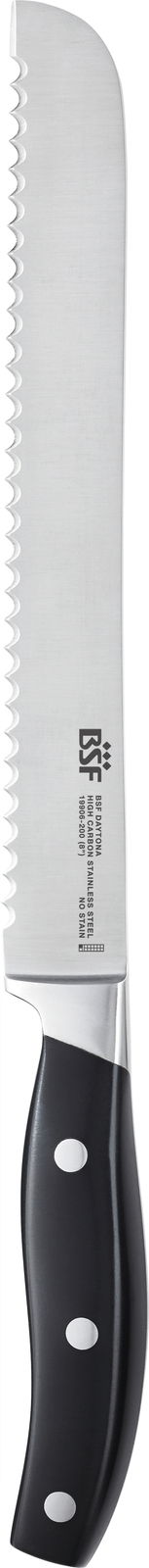 Brotmesser mit Wellenschliff und schwarzem Griff, seitliche Ansicht