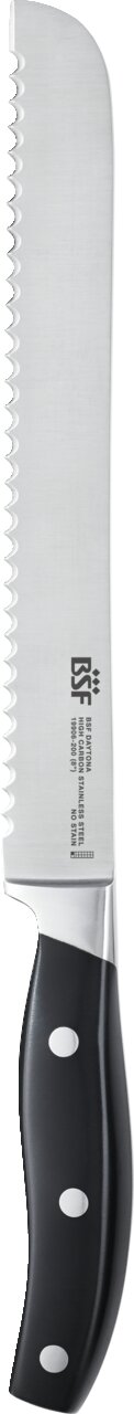 Brotmesser mit Wellenschliff und schwarzem Griff, seitliche Ansicht