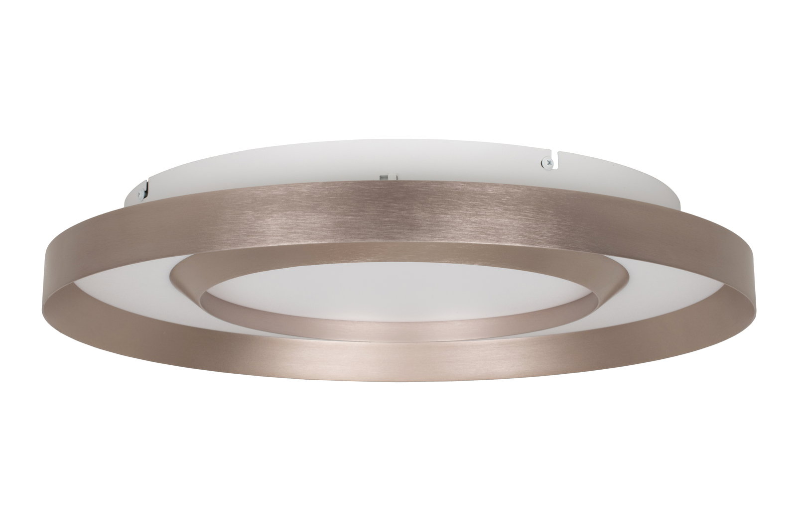 Moderne LED-Deckenleuchte mit zwei konzentrischen Metallringen, seitliche Perspektive