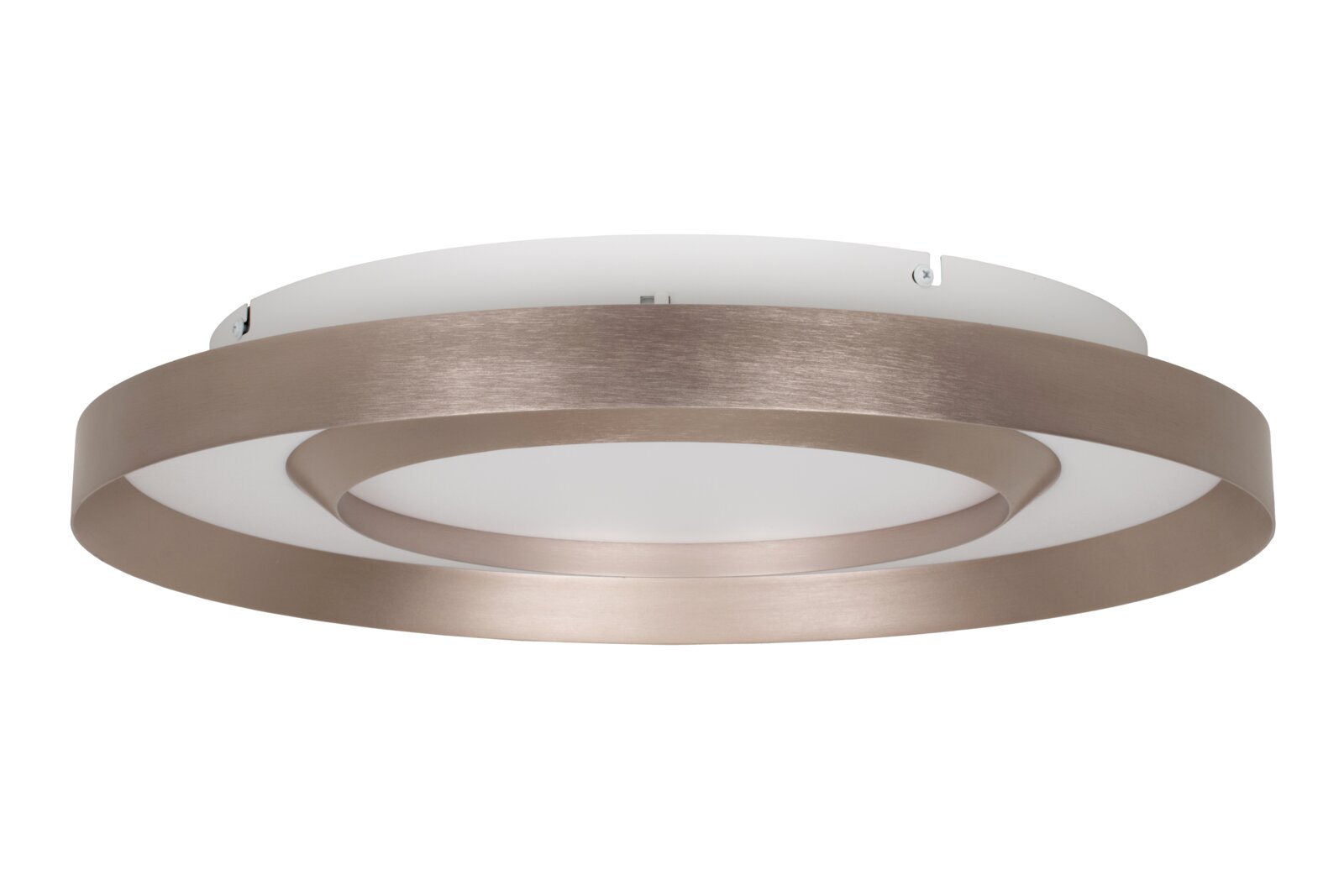 Moderne LED-Deckenleuchte mit zwei konzentrischen Metallringen, seitliche Perspektive