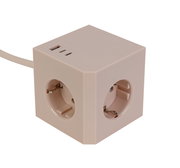 Steckdosenwürfel mit mehreren Steckplätzen und USB-Anschlüssen, seitliche Perspektive