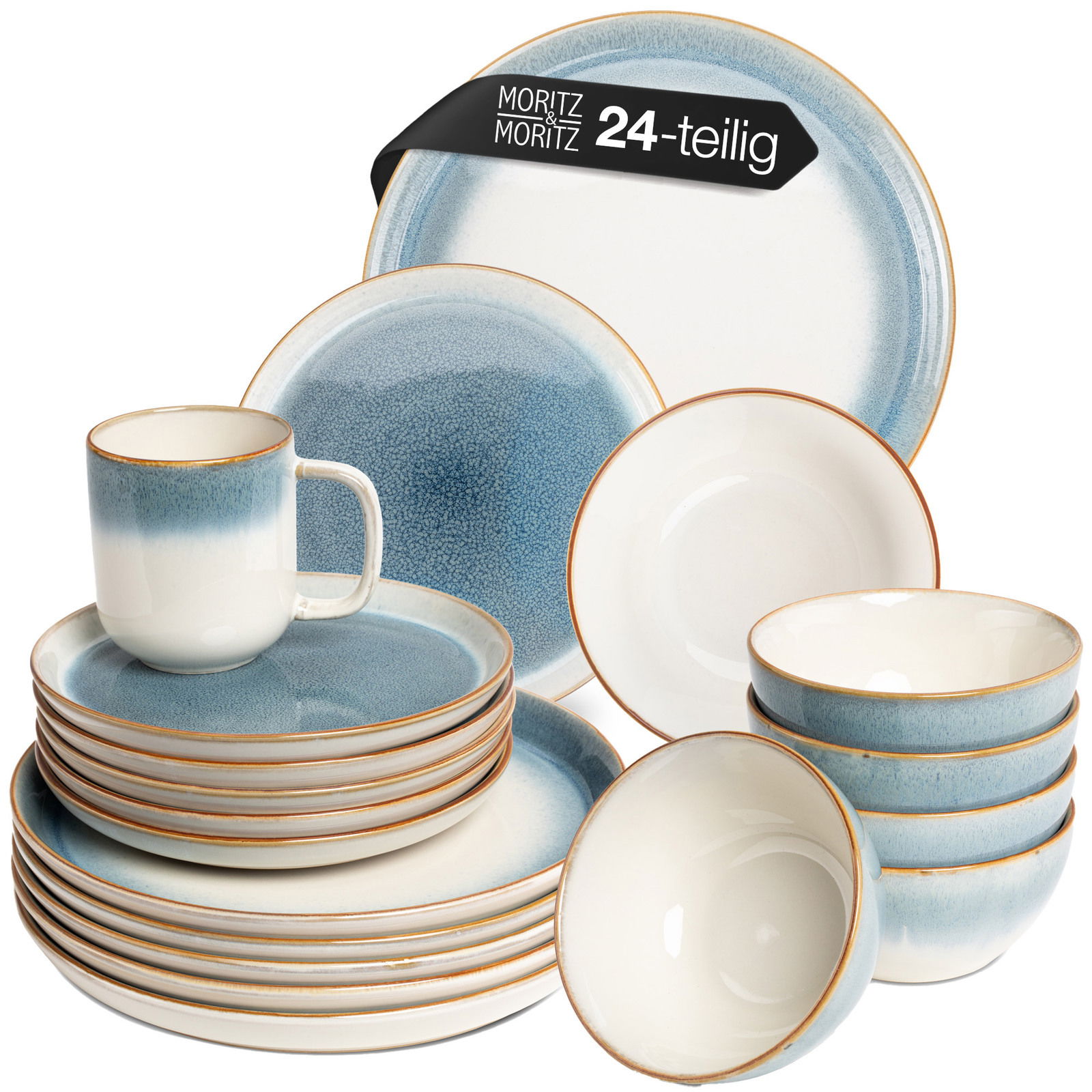 Moritz & Moritz Geschirrset 24-tlg. TARENTO Geschirrset Tarento 24-teilig in Blau mit elegantem Farbverlauf und goldenen Rändern, seitliche Perspektive