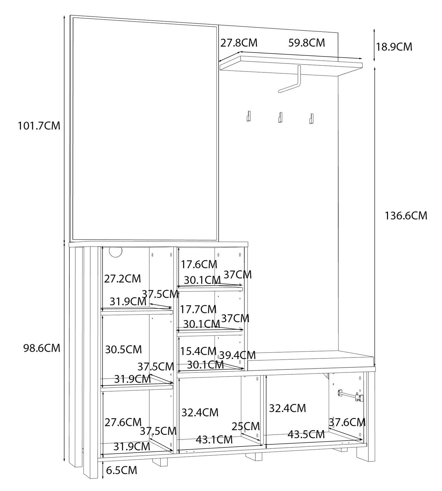 Garderobe mit mehreren Fächern und Haken, seitliche Perspektive
