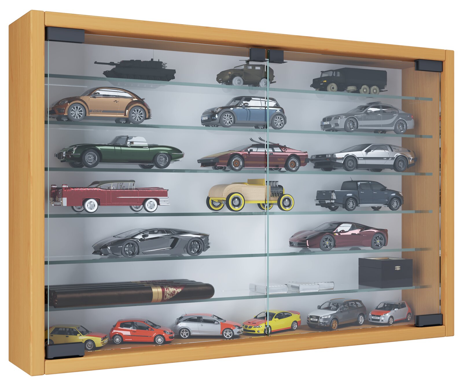 Wandvitrine aus hellem Holz mit Glasfront und mehreren Glasböden, gefüllt mit Modellautos; frontale Ansicht mit leichter Perspektive von links.