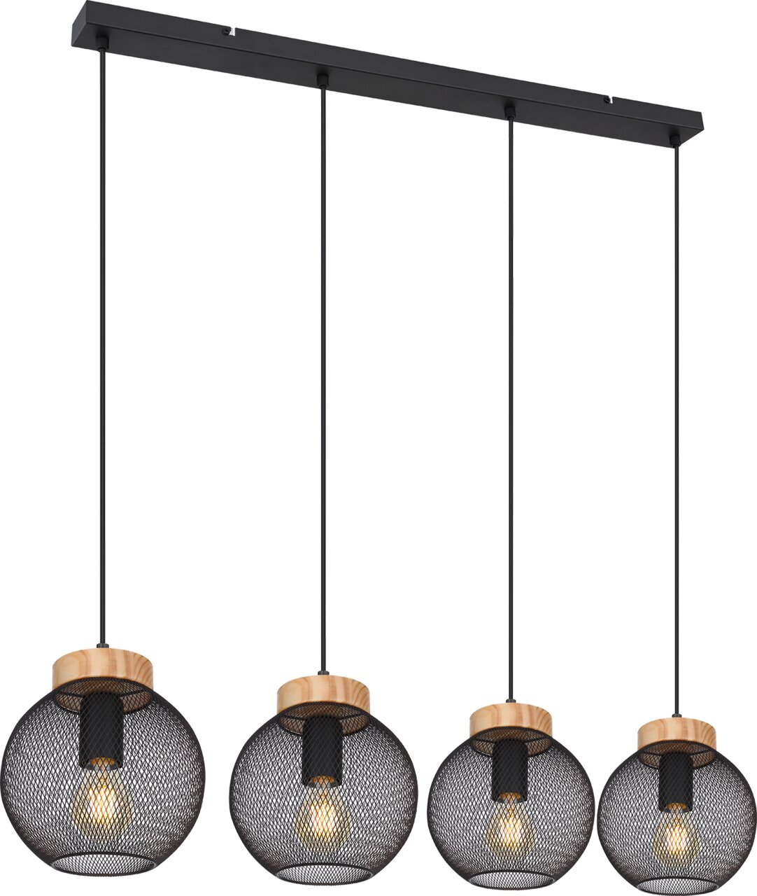 Globo Lighting Hängeleuchte PABLO Moderne Hängeleuchte mit vier runden, schwarzen Drahtgitter-Lampenschirmen und Holzakzenten, seitliche Perspektive