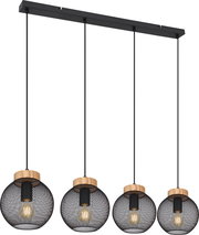 Moderne Hängeleuchte mit vier runden, schwarzen Drahtgitter-Lampenschirmen und Holzakzenten, seitliche Perspektive