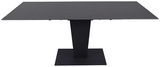 Moderner schwarzer Esstisch mit rechteckiger Tischplatte und zentralem Standfuß, Frontalansicht