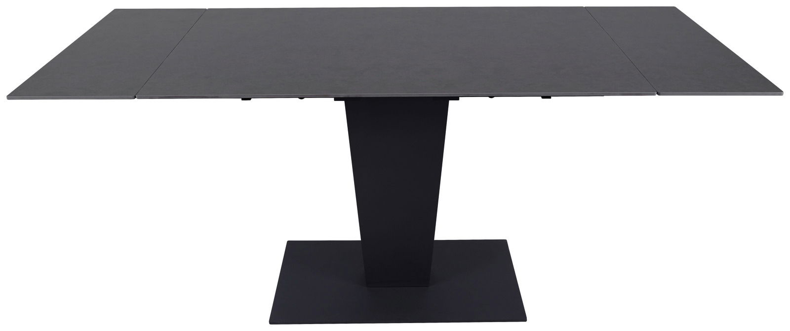 Moderner schwarzer Esstisch mit rechteckiger Tischplatte und zentralem Standfuß, Frontalansicht