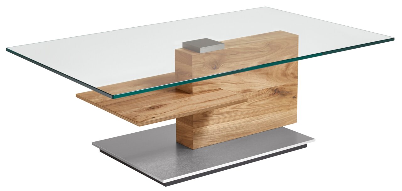 Moderner Couchtisch mit Glasplatte und Holzdetails, seitliche Perspektive