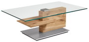 Moderner Couchtisch mit Glasplatte und Holzdetails, seitliche Perspektive