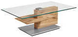 Moderner Couchtisch mit Glasplatte und Holzdetails, seitliche Perspektive