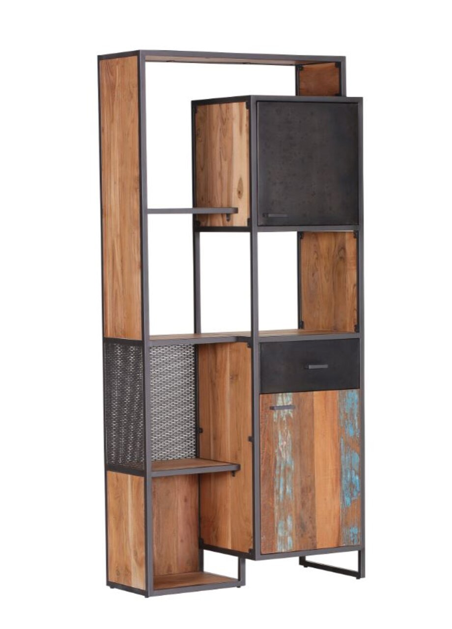 Z2 Highboard FARRAGO Highboard aus Holz und Metall mit offenen Regalfächern und Schranktüren, seitliche Perspektive