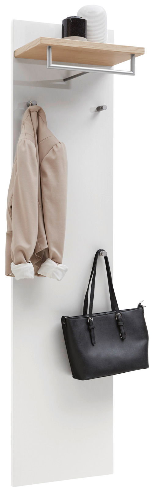 Garderobenpaneel in Weiß mit Holzablage und Haken, frontal abgebildet. Ideal zum Aufhängen von Jacken und Taschen.