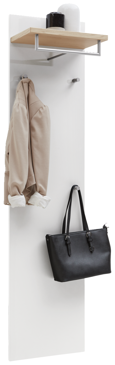 Dieter Knoll Garderobenpaneel SORRENT Garderobenpaneel in Weiß mit Holzablage und Haken, frontal abgebildet. Ideal zum Aufhängen von Jacken und Taschen.