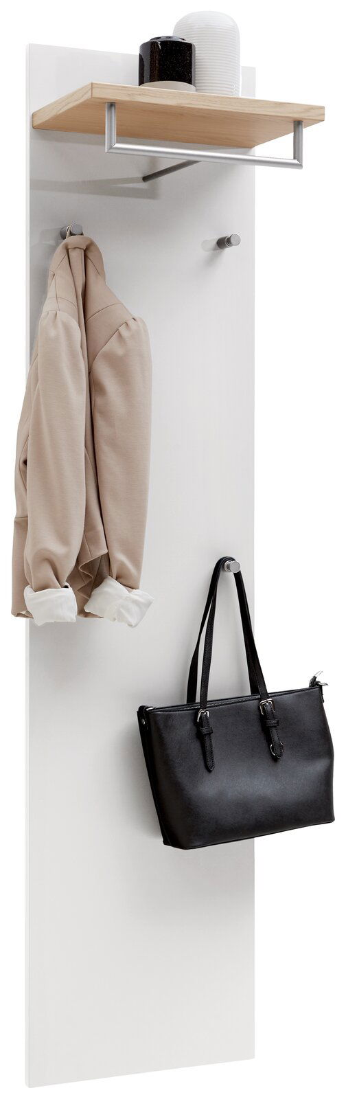 Garderobenpaneel in Weiß mit Holzablage und Haken, frontal abgebildet. Ideal zum Aufhängen von Jacken und Taschen.