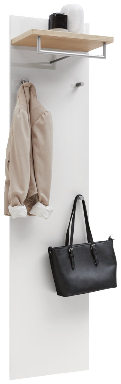 Garderobenpaneel in Weiß mit Holzablage und Haken, frontal abgebildet. Ideal zum Aufhängen von Jacken und Taschen.