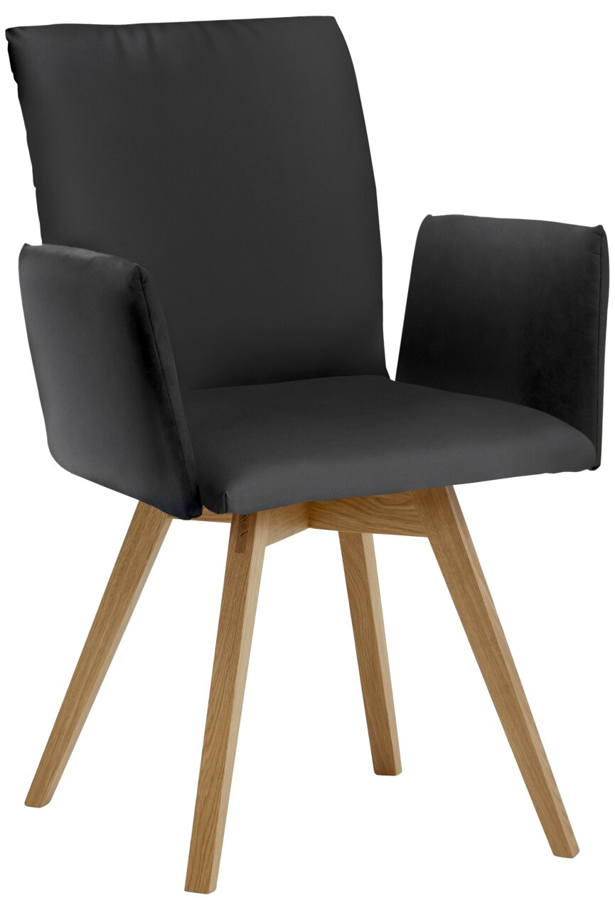 Moderne fauteuil met zwarte bekleding en houten poten, zijaanzicht