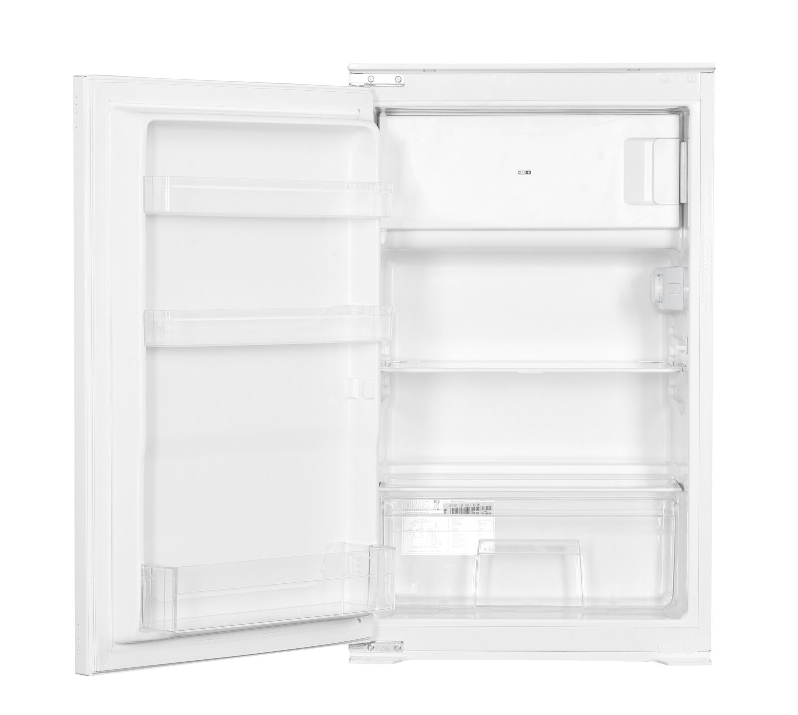 Offener weißer Kühlschrank mit transparenten Türfächern und Innenablagen, Frontalansicht von vorn