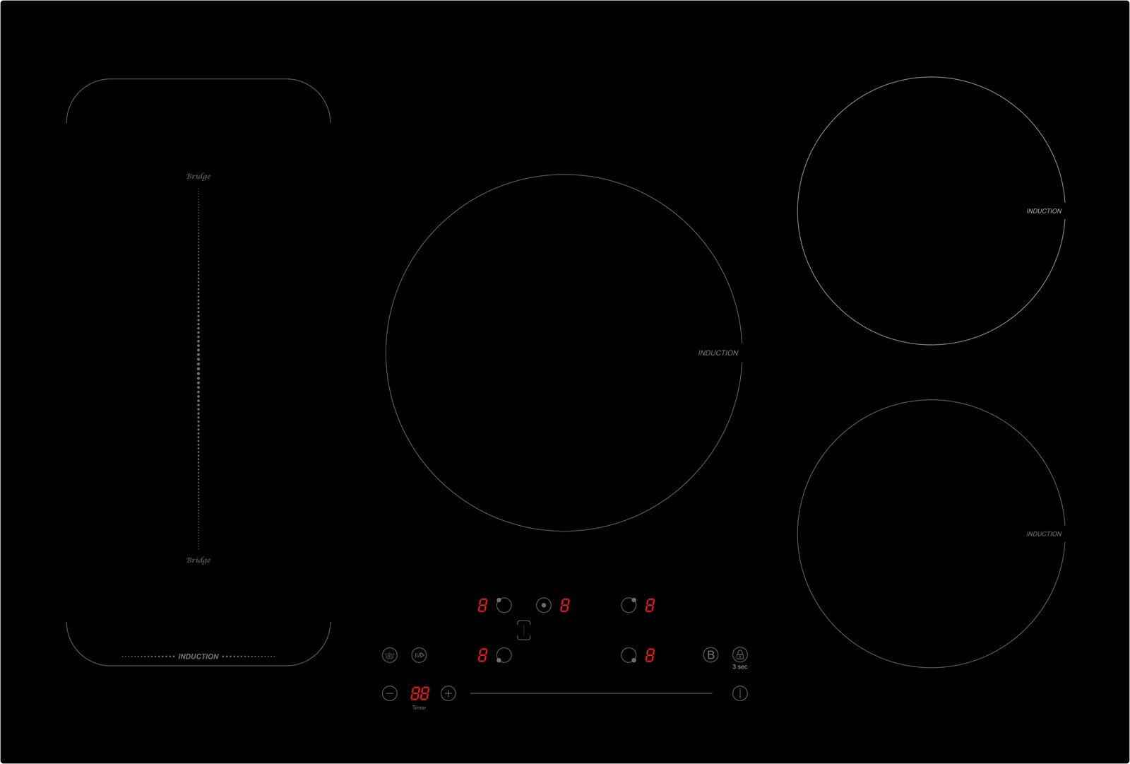 Induktionskochfeld mit vier Kochzonen und digitaler Steuerung, Draufsicht