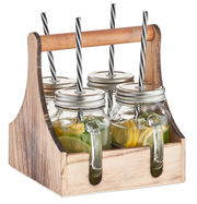 Trinkgläser-Set mit vier Gläsern in einem Holzträger, seitliche Perspektive