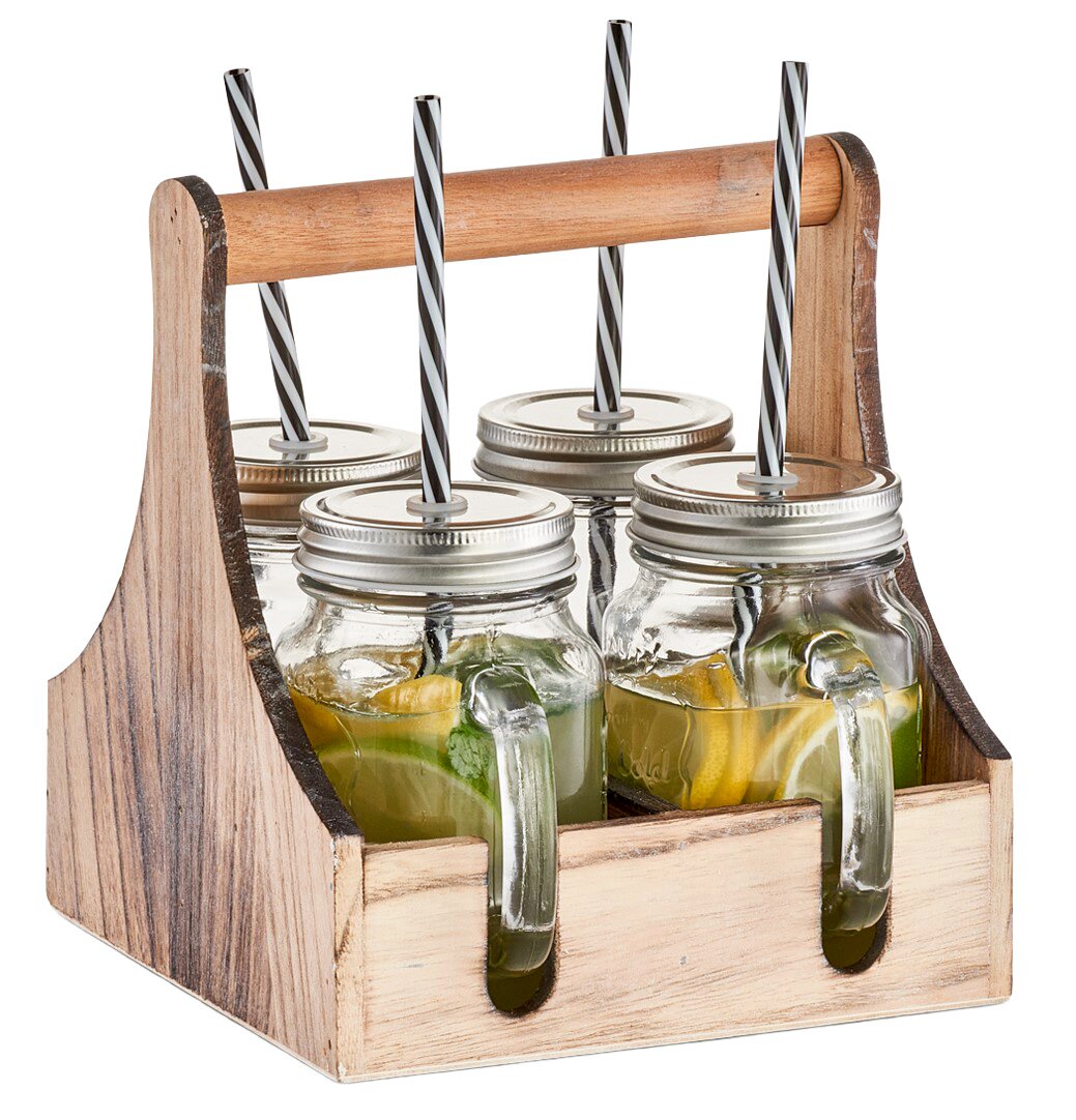 Trinkgläser-Set mit vier Gläsern in einem Holzträger, seitliche Perspektive