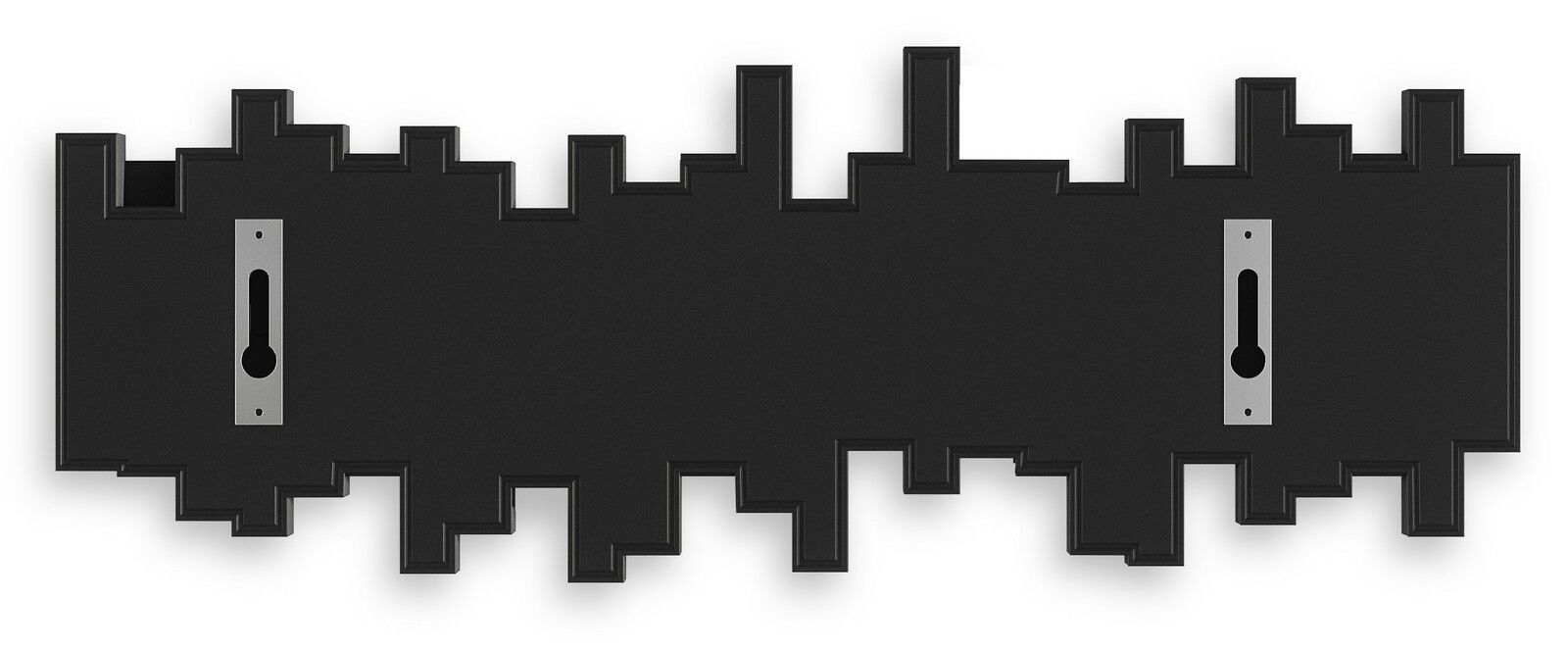 Schwarze Wandgarderobe mit modernem, geometrischem Design, von hinten gesehen.