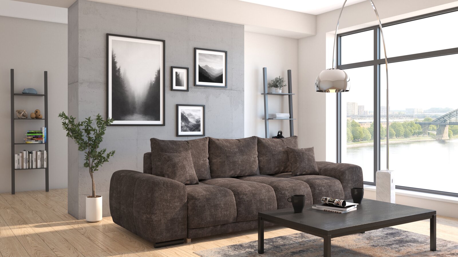 Modernes Funktionssofa in einem stilvollen Wohnzimmer mit großen Fenstern und Stadtblick, seitliche Perspektive.