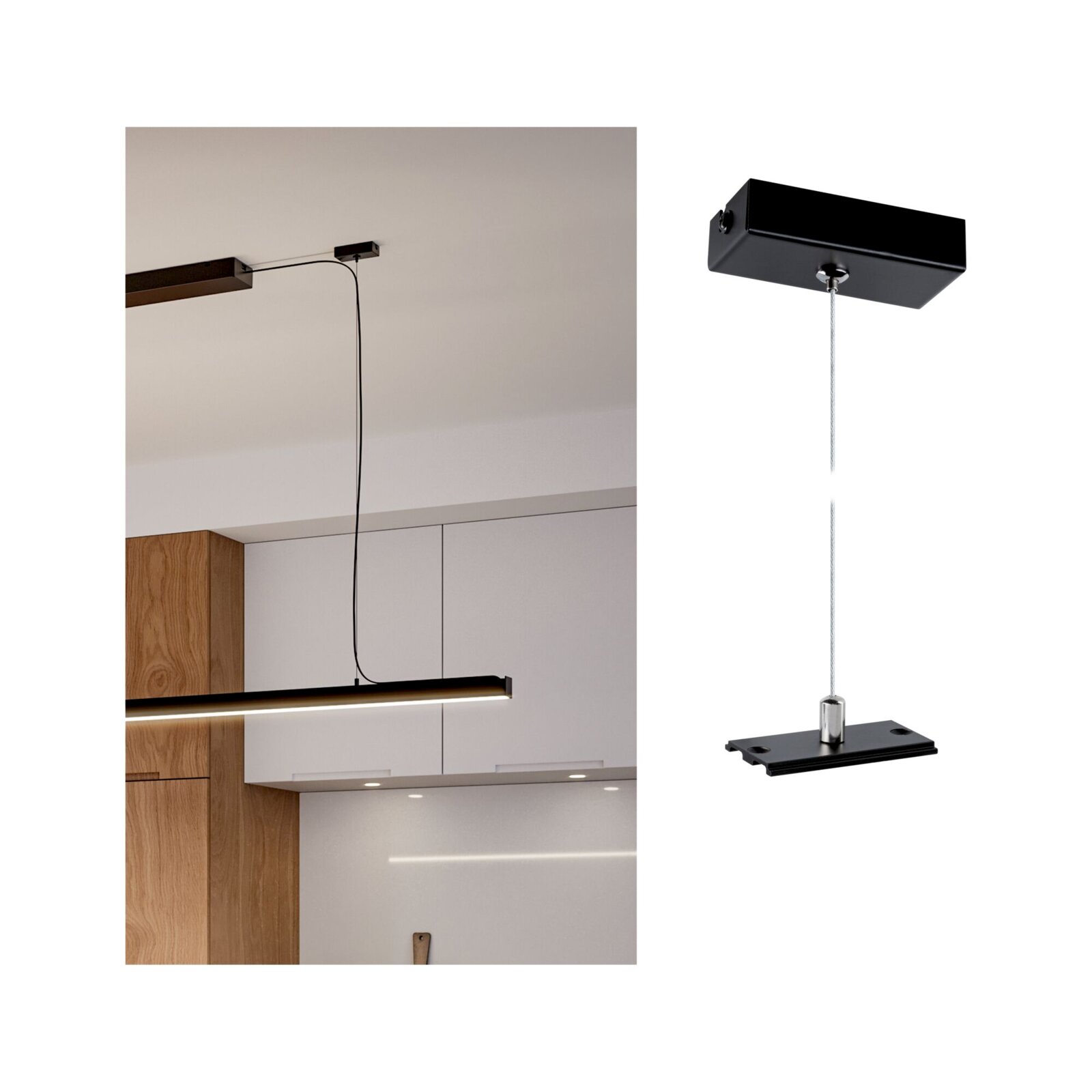 Schwarzes Abhängeset für eine lineare LED-Pendelleuchte mit Deckenbaldachin, Stahlseil und Befestigungsplatte, gezeigt in seitlicher Nahaufnahme aus leicht schräger Untersicht sowie montiert in einer Küche.