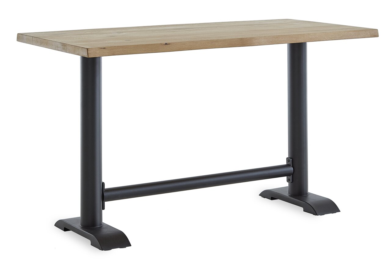 Moderne bar met houten blad en zwarte metalen poten, zijaanzicht