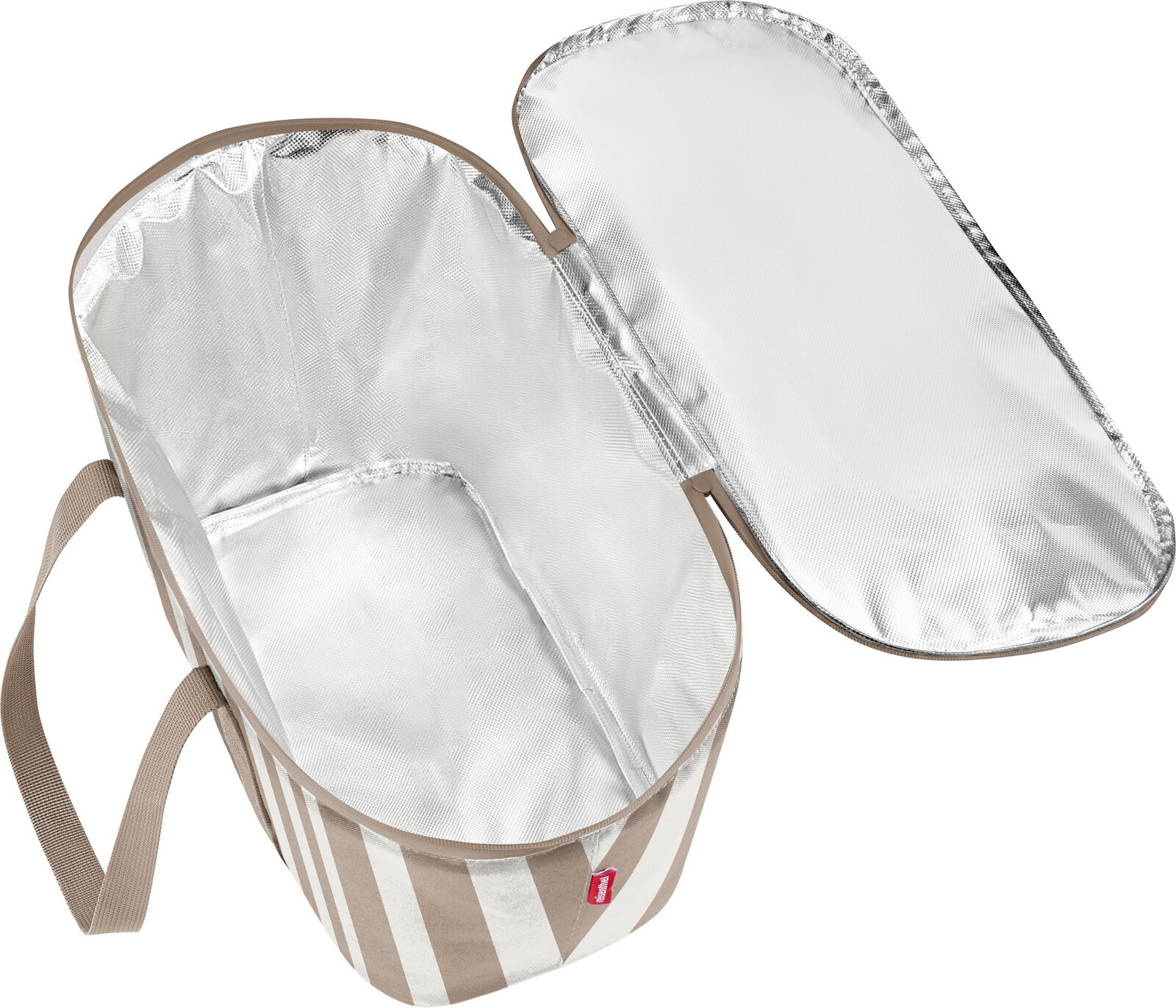 Offene, gestreifte Kühltasche mit silberner Isolierauskleidung und Deckel, Ansicht schräg von oben (Top-View)