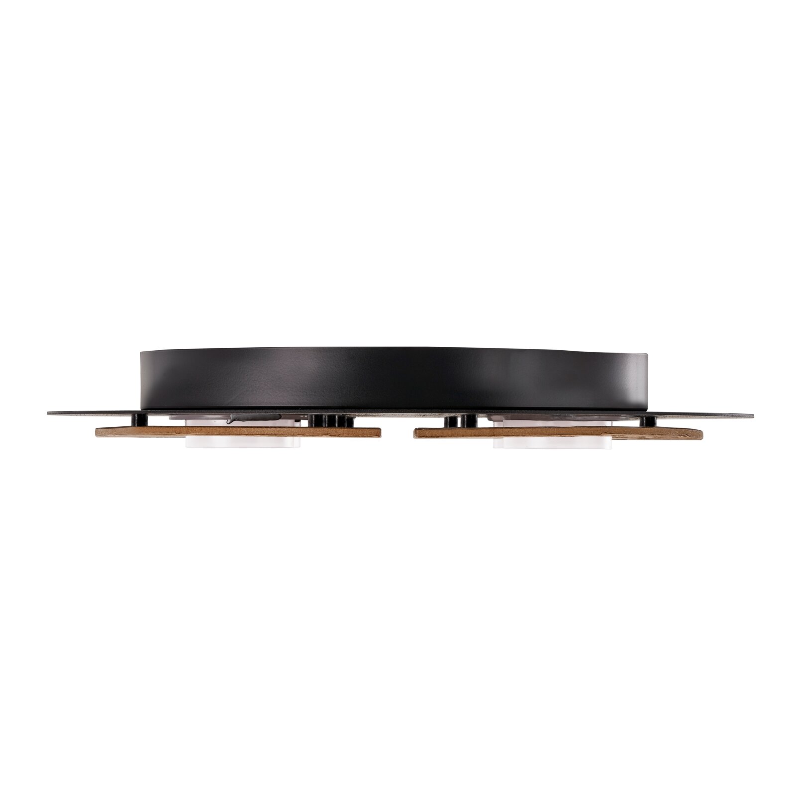 Moderne flache LED-Deckenleuchte mit schwarzem rundem Baldachin und Akzenten in Holzoptik, aus seitlicher Perspektive vor weißem Hintergrund