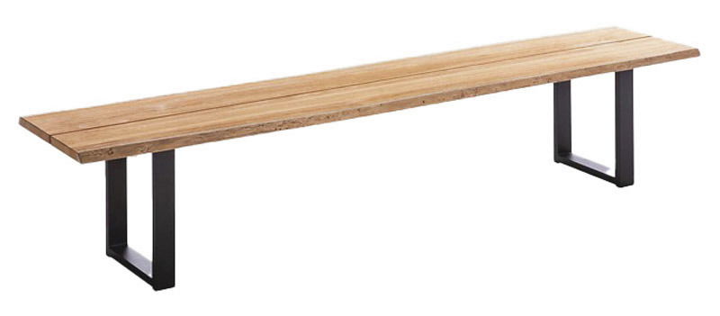 Holzbank mit Metallbeinen, seitliche Perspektive