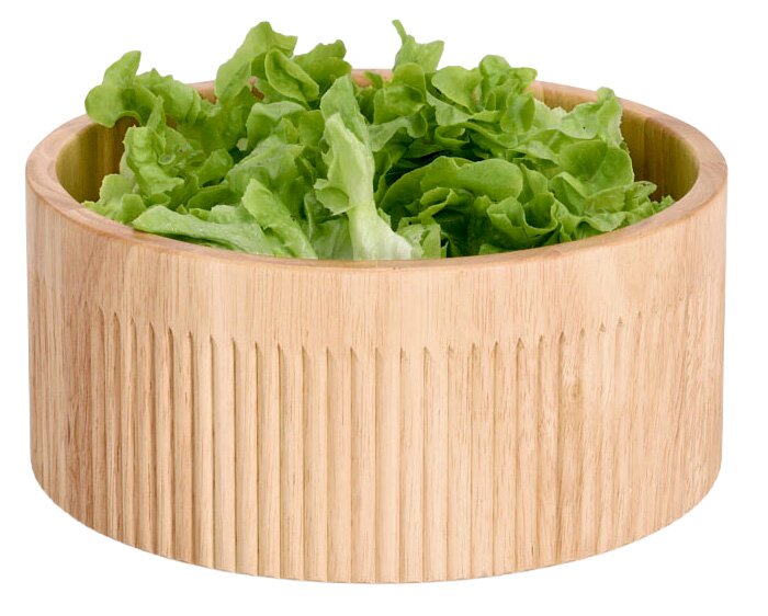Runde Holzschale mit geriffelter Außenseite, gefüllt mit frischem grünem Salat, seitliche Perspektive