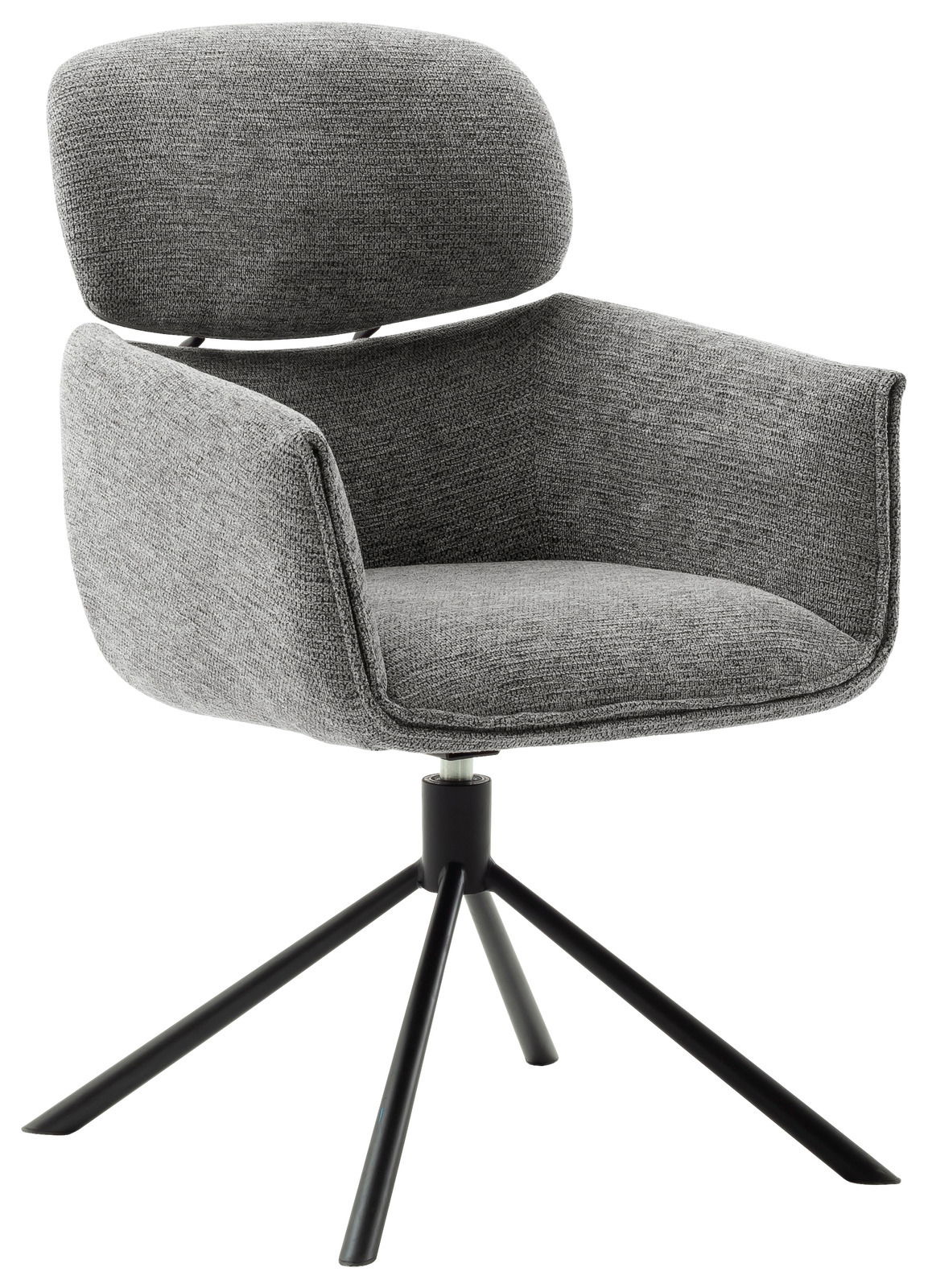Novel Sessel UVITA Grauer Sessel mit gepolsterter Rückenlehne und Armlehnen, auf einem schwarzen Metallgestell mit vier Beinen, seitliche Perspektive