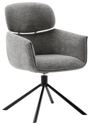 Grauer Sessel mit gepolsterter Rückenlehne und Armlehnen, auf einem schwarzen Metallgestell mit vier Beinen, seitliche Perspektive