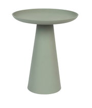 Moderner, grüner Beistelltisch mit konischer Basis und runder Tischplatte, seitliche Perspektive