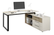 Moderner Eckschreibtisch mit Container, seitliche Perspektive, ausgestattet mit Monitor, Lampe und Büromaterial.
