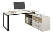 Moderner Eckschreibtisch mit Container, seitliche Perspektive, ausgestattet mit Monitor, Lampe und Büromaterial.