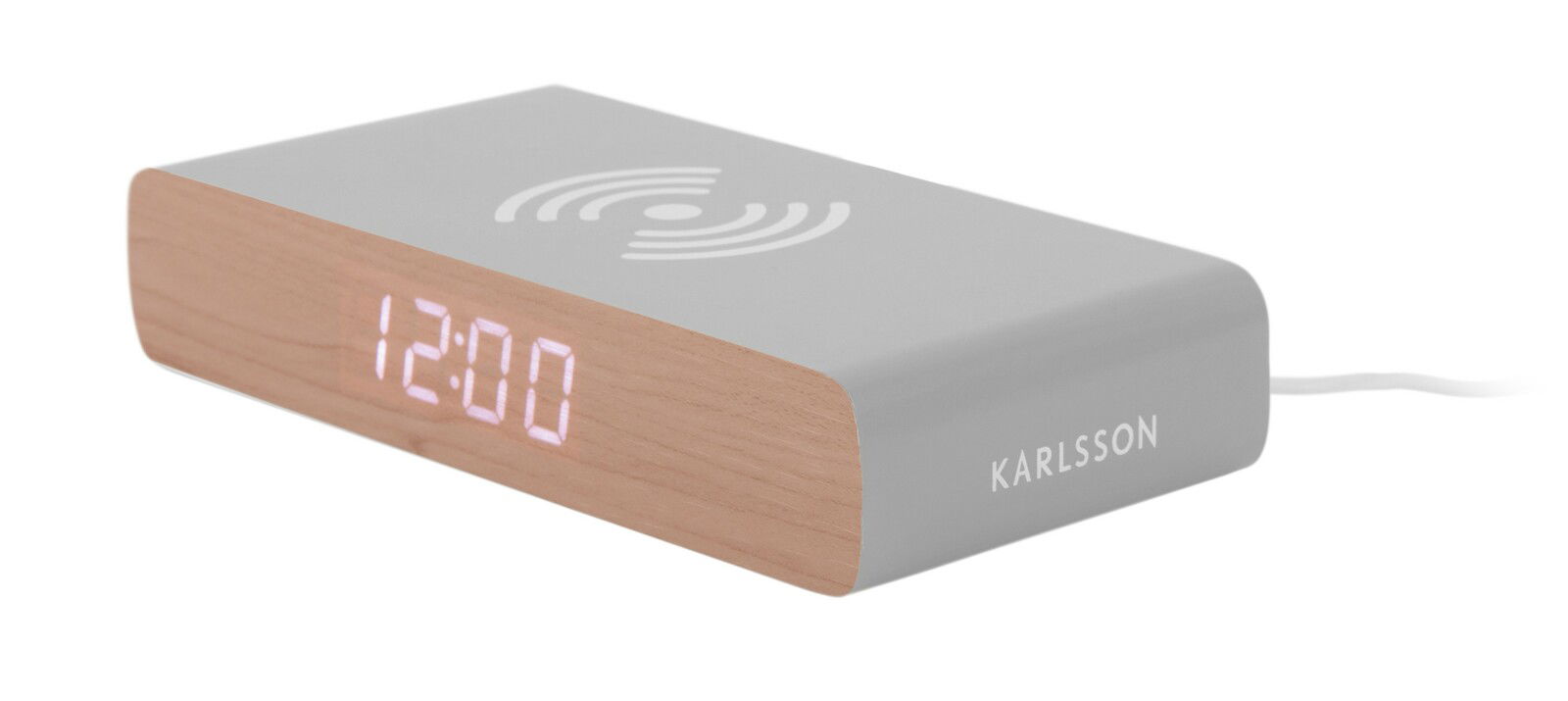 Moderner Wecker mit Holzoptik und digitaler Anzeige, seitliche Perspektive