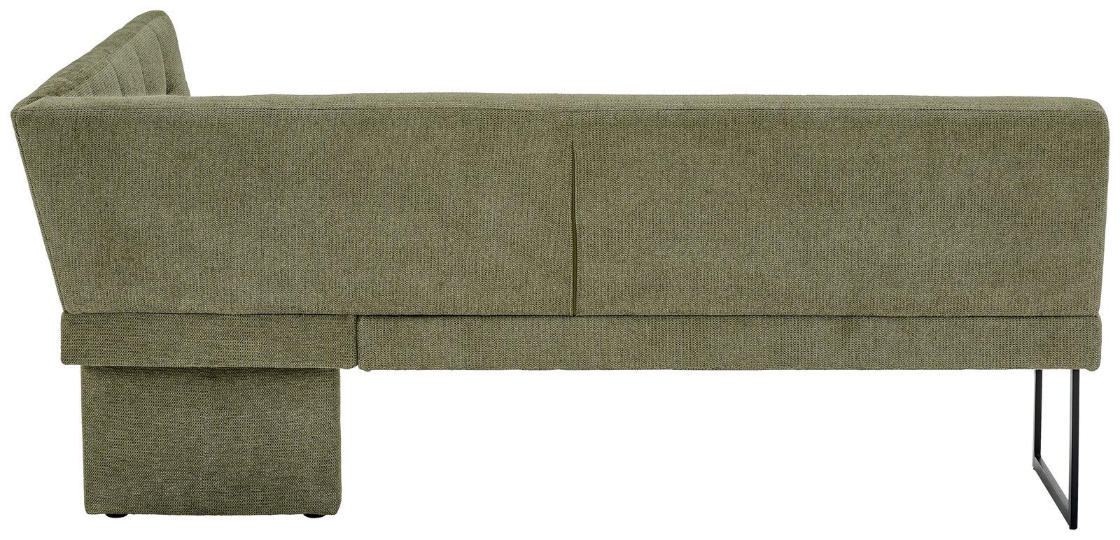 Rückansicht einer grünen Eckbank mit Metallbeinen, Perspektive von hinten