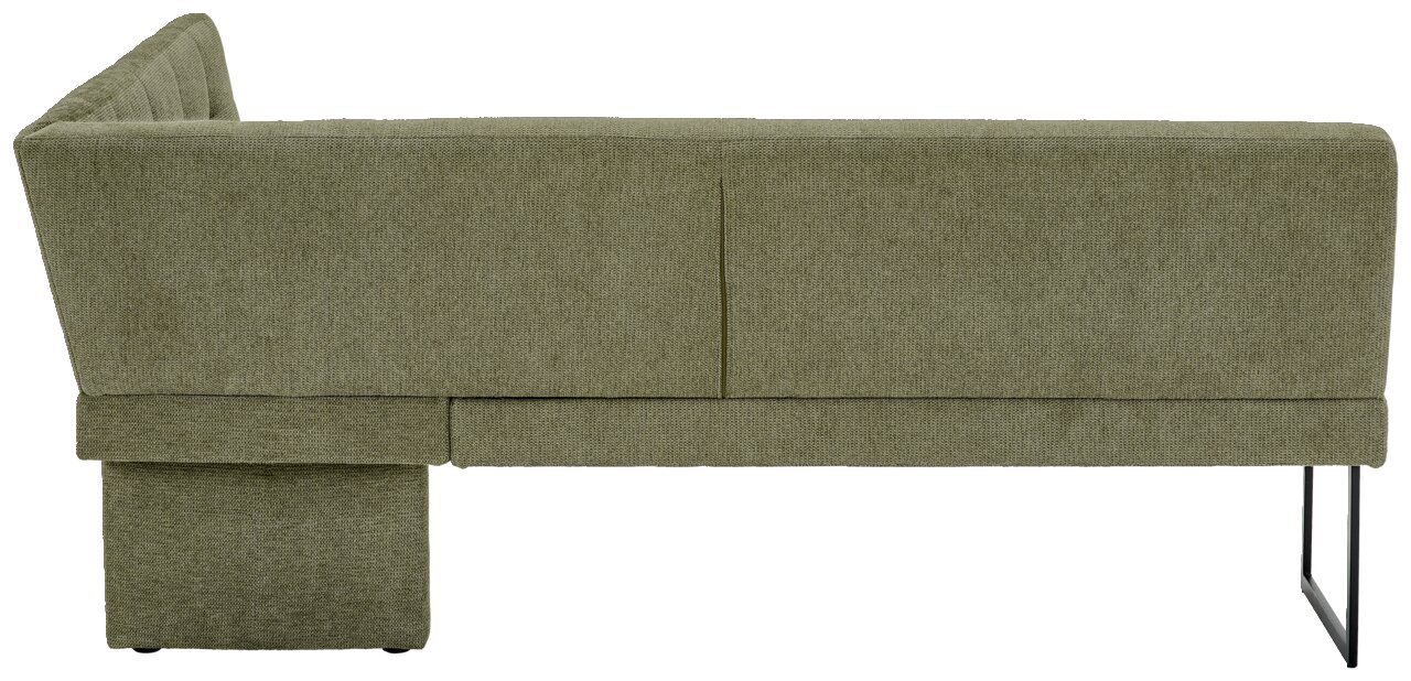 Rückansicht einer grünen Eckbank mit Metallbeinen, Perspektive von hinten