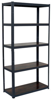 Schwerlastregal in Holzoptik mit fünf Regalböden, seitliche Perspektive